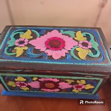 Big Wooden Box Carved Vintage Artesian painted 70' Rustic  Old Days Art 55*34 picture