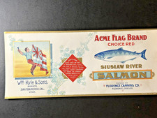 EARLY OREGON SALMON LABEL FEATURING FISH FROM SIUSLAW RIVER: ACME FLAG BRAND picture