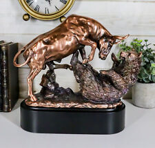 Wall Street Stock Market Charging Bull Trouncing Bear Statue With Pedestal Base picture
