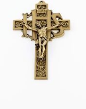 Pewter Filigree IHS Cross Crucifix with Antique Gold Tone Finish Decor, 9 Inch picture