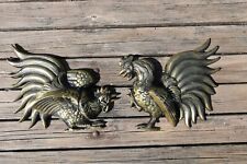 VINTAGE SET OF BRASS FIGHTING ROOSTERS MID CENTURY MADE IN JAPA WALL HANGING picture