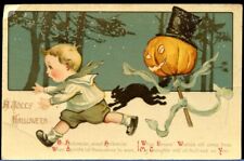 Antique Postcard Jolly Halloween JOL Pumpkin Black Cat Little Boy Gottschalk picture