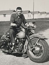 Vintage 1950s Snapshot Photograph Handsome Man MOTORCYCLE Army Barracks  picture