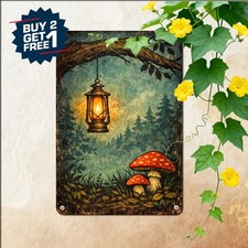 Magic Mushrooms And Lantern Sign Rustic Fairy Forest Woodland Metal Tin Decor picture