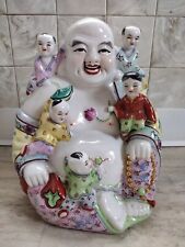 Famille Rose Laughing Buddha 5 Children Fertility Statue Porcelain Vintage 12' picture