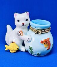 Curious Cat and Goldfish Bowl Porcelain Trinket Box w/Surprise Trinket NWOB picture