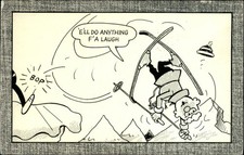 Snow skiing dirty trick comic postcard ~ He'll Do Anything For a Laugh ~ 1968 picture