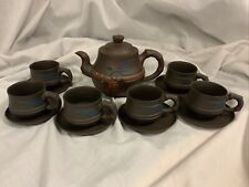 Yixing Oriental Teapot 6 Cups 7 Saucers Chinese Brown Clay Cherry Blossom Leaves picture