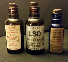 Vintage Style Cannabis, Heroin, & Delysid/25 LSD  Medicine Bottles.By Artist picture