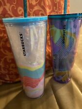 🔥 TWO - Starbucks 24 oz Tumblers With Straw Flowers Summer Waves SET picture