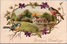 Vintage 1910s HAPPY BIRTHDAY Embossed Postcard Lake / Cottage / Birds picture