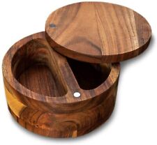 Acacia Wood Salt Keeper Box w/Magnetic Swivel Lid Round Pepper or Spice Storage picture