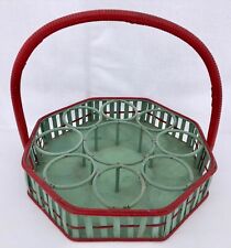 Mid-1900s Octagonal Wicker Carrying Basket Eight Glasses One Bottle, Green/Red picture