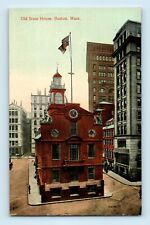 Old State House Boston Mass American Flag Pole Clock Lion Statues Postcard C2 picture