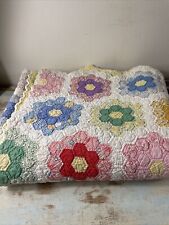 Vintage Quilt Feed Sack Grandmas Flower Garden 64x68.5” Scalloped Hand Sewn Soft picture