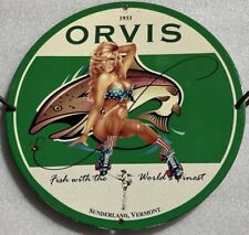 ORVIS FISHING EQUIPMENT SERVICES VERMONT SEXY GIRL PINUP PORCELAIN ENAMEL SIGN. picture