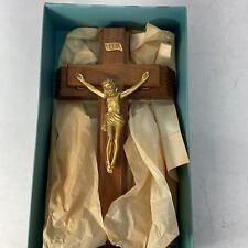 Beautiful Vintage Wooden Inri Jesus Crucifix Metallic Gold Idol Cross in Box  picture