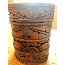 Handmade Carved Wood Canister Flowers Brown with Lid Floral Design 5.25