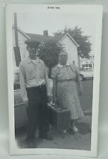 Vtg 60s Snapshot Photo Grandma and Grandaddy Taking A Trip Suitcase Newsboy Cap picture