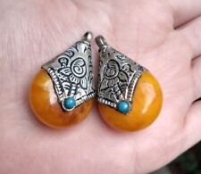 2PCS Big Tibetan Turquoise Sterling Silver Repousse Beeswax Amber Pendants Beads picture
