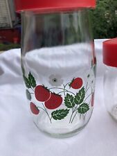 Glass Strawberry Carlton Canisters w/Red Lids Vintage Twist Open 1.50L & 3/4L picture