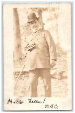 1906 Candid Man Binoculars Bowler Gloves Cane Hartford CT RPPC Photo Postcard picture