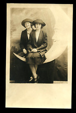 Two Women Sitting On Paper / Prop Moon 1920s Vintage Photo RPPC picture