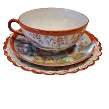 Vintage 3 Pc Geisha Ware Trio Cup Saucer Scalloped Plate Red Trim Hand Painted picture