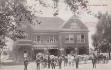 NW Manistee MI c.1907 WONDERFUL HORSE DRAWN FIRE ENGINES FIREMEN @ STATION picture