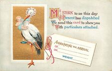 Bamforth Embossed Birth Announcement Postcard E.12 Stork Baby Luggage Tag picture