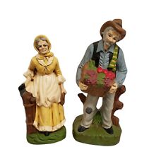 Vtg Farmers Ceramic Figurines Old Man Woman Couple Set Country Apples Grapes picture