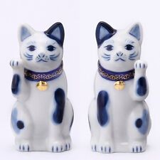Japanese Hand Painted Lucky Cat SETO Maneki Neko Pair 9cm Blue & White Ceramics picture