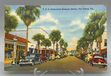 Vintage Fort Pierce, Florida Business Section Post Card Old Cars Unposted Linen picture