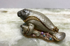 Vintage Cute Jeweled Trinket Enamel Box Manatees Walrus  with Babe Ornament 3