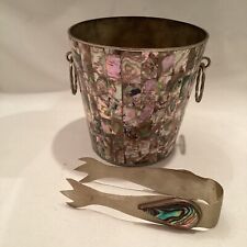 Vtg Ice Bucket Abalone Shell Inlay Alpaca Silver Mexico & Tongs Jewel picture
