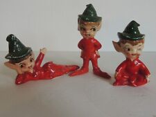 Lot of 3 Christmas Pixie Elves Red & Green Cap Ceramic MCM Figurines picture