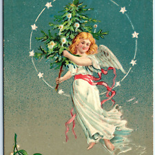 c1910s Merry Christmas Flying Cherub Cupid Girl w/ Xmas Tree Postcard Emboss A66 picture