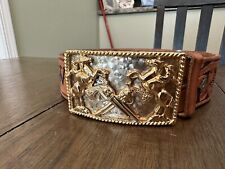  Cowboys Rearing Horses Crossed Gun Pistols Buckle Tooled Leather Belt  picture