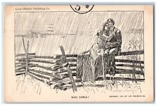 1905 Sweet Couple Romance Sat On Fence Raining Who Cares New York NY Postcard picture