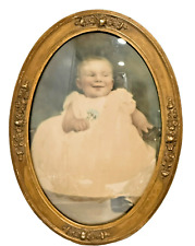 Antique Oval Convex Bubble Glass Wooden Frame Gold Gilded w/Baby Photo Named picture