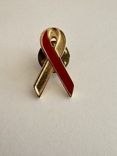 Red Gold Tone Awareness Ribbon Lapel Pin Gold Tone HIV AIDS Support Brooch Pin picture