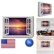 Renditions Gallery Canvas Wall Art Window View of Ocean Orange Sunset 18"X27" picture