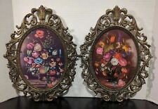Pair Of Vintage Ornate Italian Brass Oval Frames Convex Glass & Floral Pictures picture