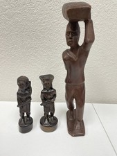 Lot 3 Hand Carved 6 & 12” Wooden Statue Figurine Tribal Folk Art Hunter Gatherer picture