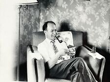 WD Photograph Handsome Man Reclining Chair Pipe 1950s Candid Snapshot Read Smile picture