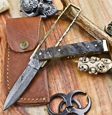 Wild Life Damascus Steel Folding Knife Rams Horn Survival Filp Lock picture