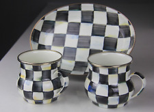 Mackenzie Childs Courtly Check Enamel Set of 2 Mugs & Oval Dish Lot - READ picture