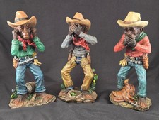 Cowboy Chimpanzee Figurines Set of 3 Wise Monkeys Western Hand Painted Resin Co picture