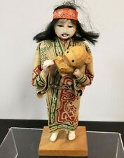 Vintage Japanese Man Doll Figure Craftsman with hand carved bear/dog wooden base picture