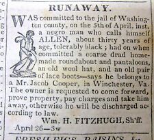 Rare 1833 Hagerstown MARYLAND newspaper with illustrated RUNAWAY SLAVE REWARD AD picture